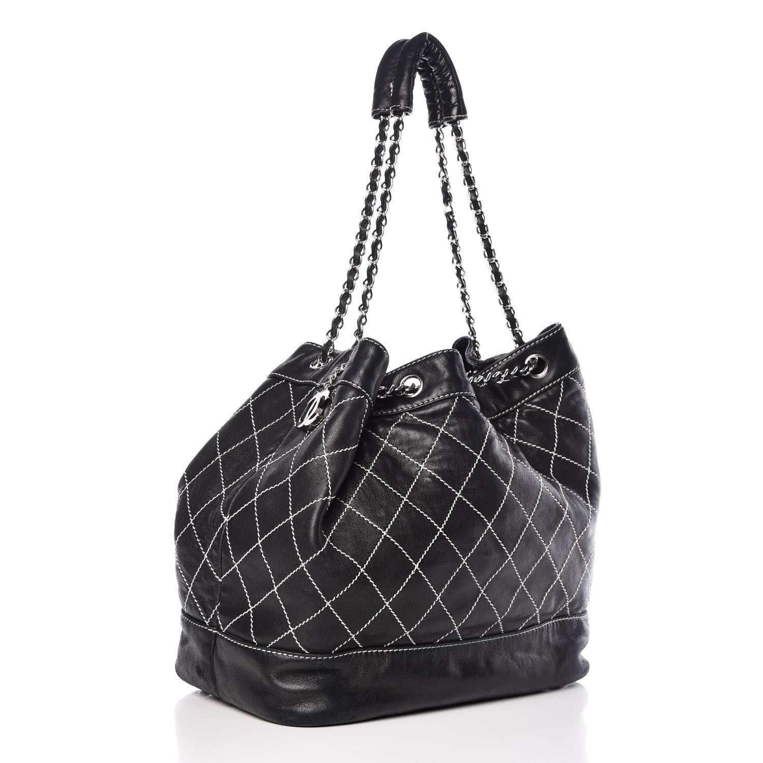Chanel Lambskin Contrast Stitch Large Drawstring Tote Black 3 of 17