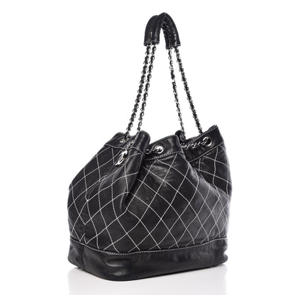 Chanel Lambskin Contrast Stitch Large Drawstring Tote Black 3 of 17