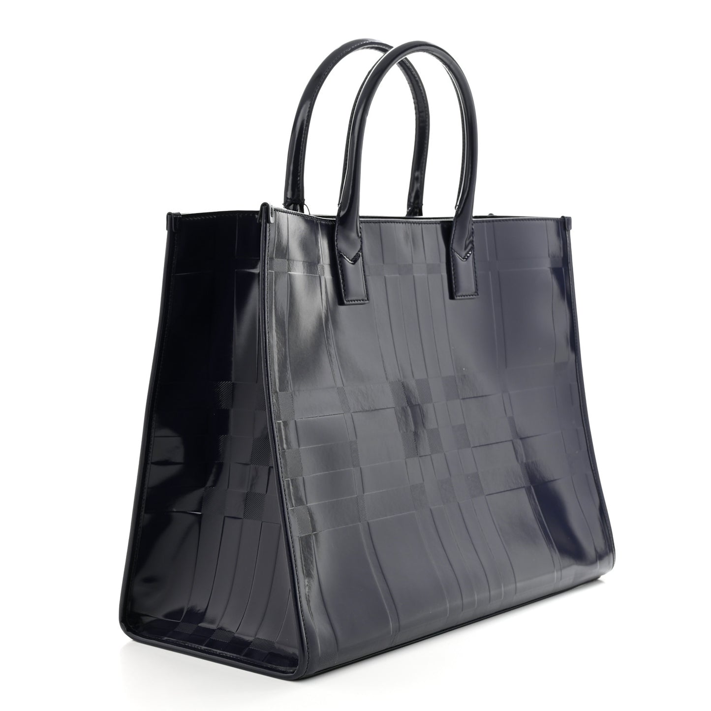 Patent Calfskin Denny Check Embossed Tote Charcoal Blue