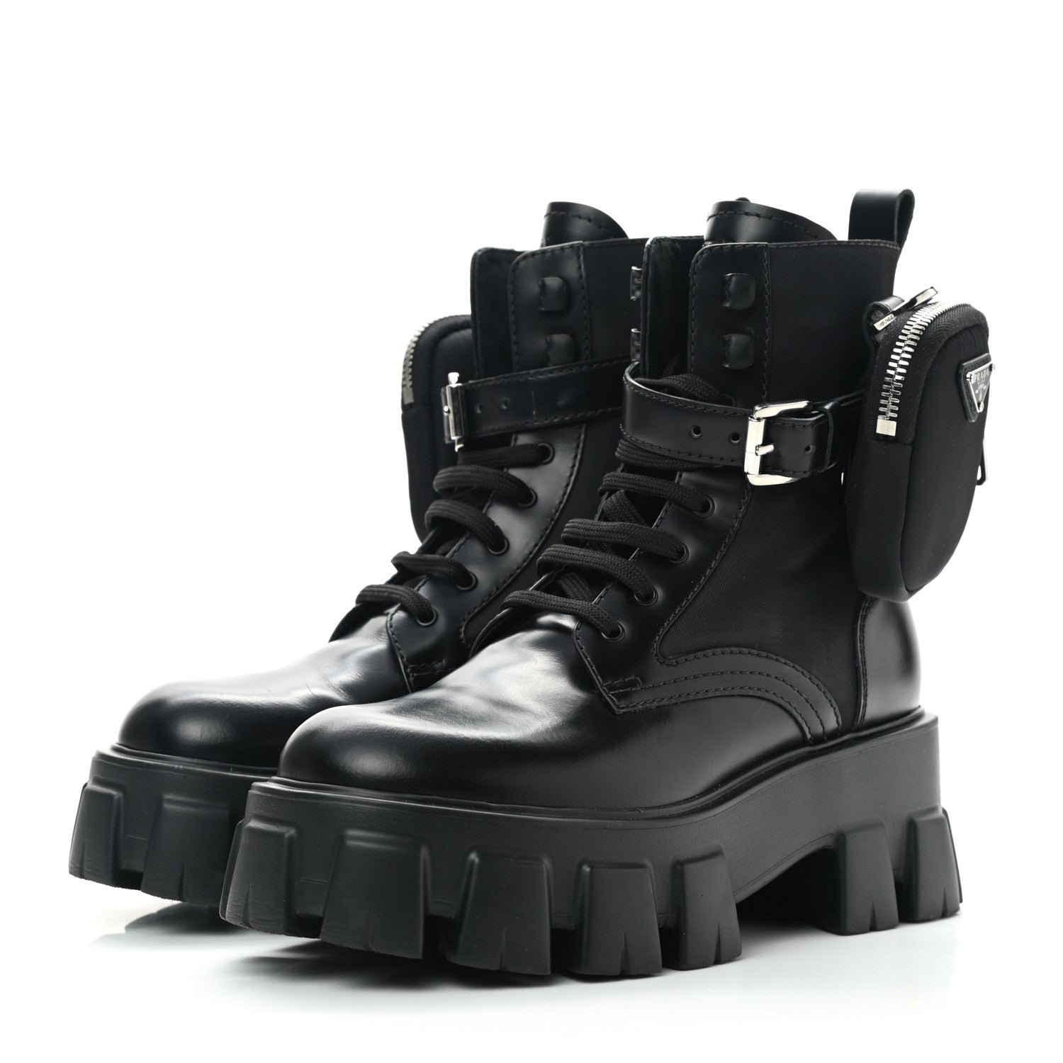 Prada Spazzolato Rois Nylon Metal Triangle Logo Monolith Pouch Pocket 55mm Boots 36 Black 3 of 6