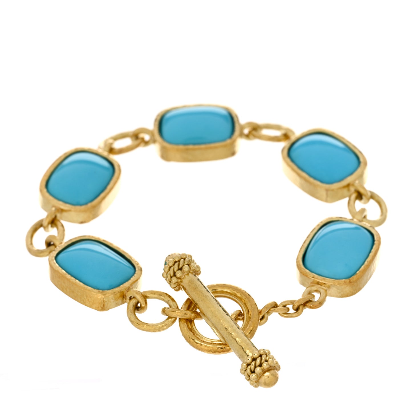 18K Yellow Gold Turquoise Link Hammered Toggle Bracelet