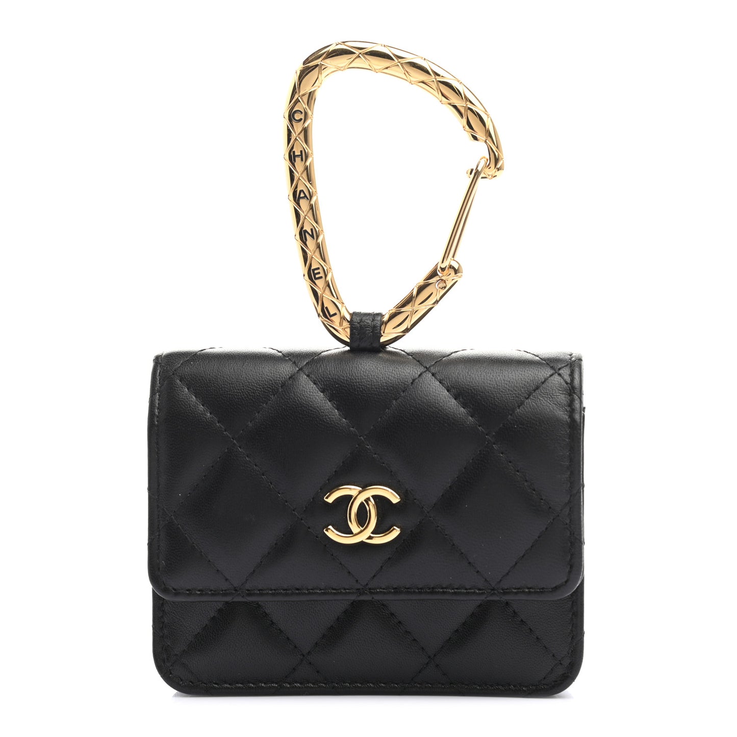 Lambskin Quilted CC Hook Card Holder Black