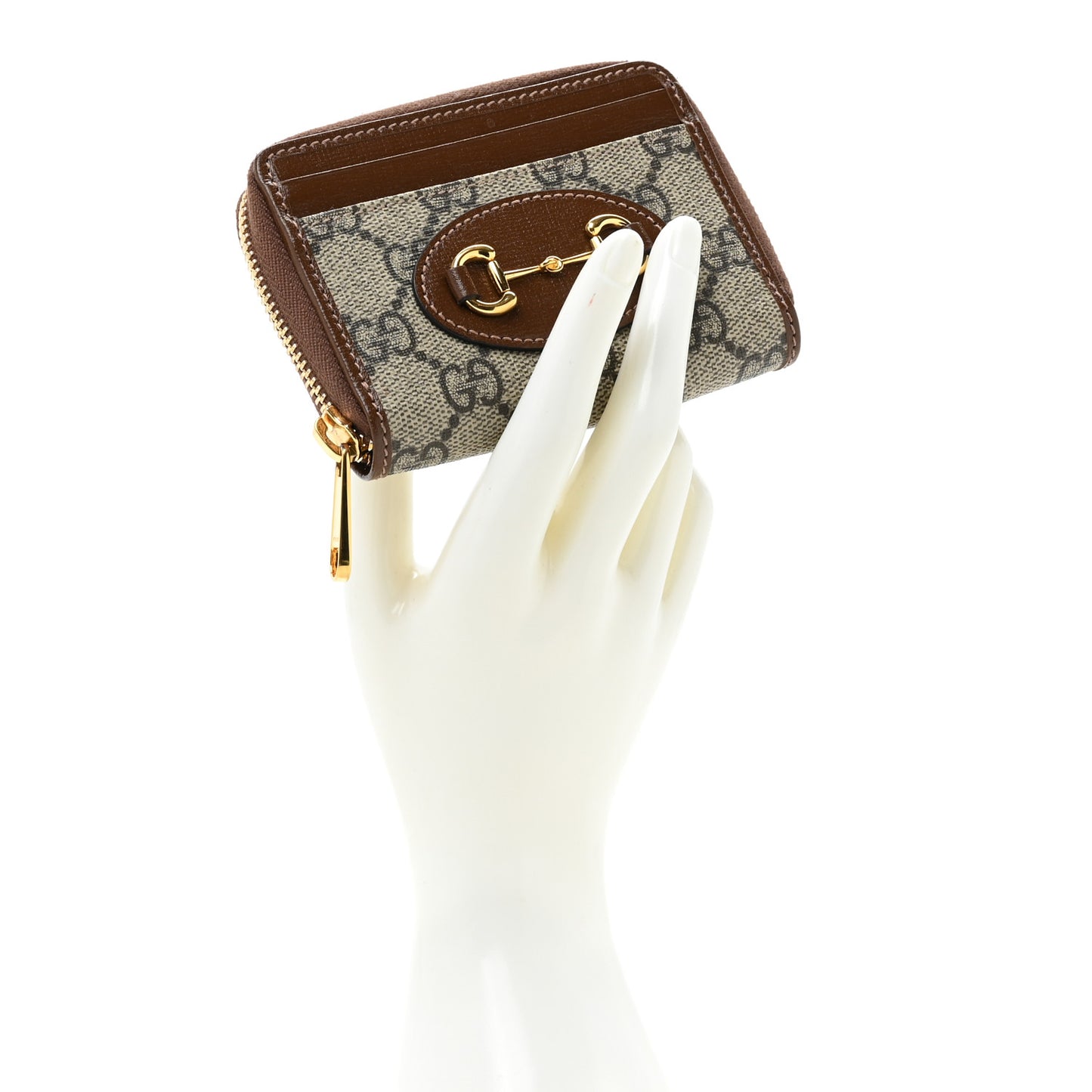 GG Supreme Monogram Azalea Calfskin Horsebit 1955 Zip Around ID Card Case Wallet Beige Ebony Brown Sugar