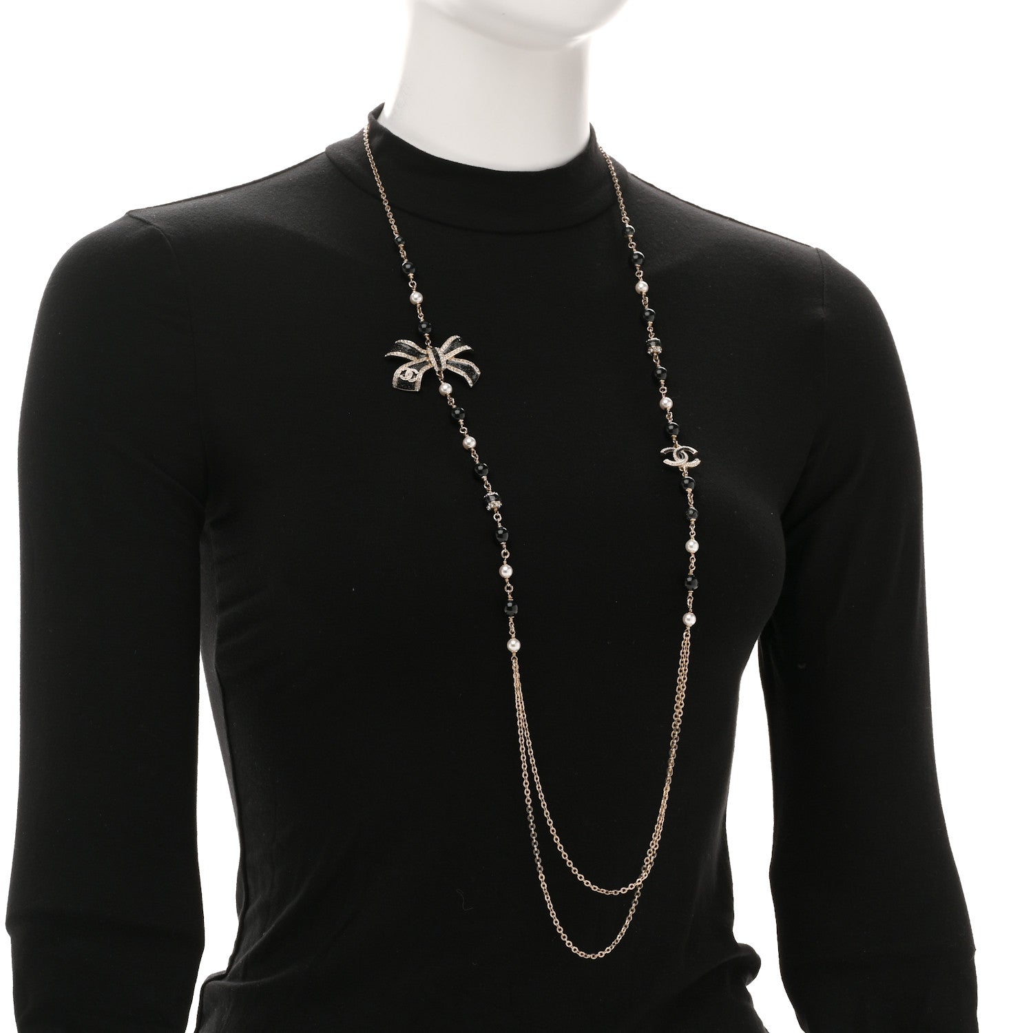 Chanel Glitter Enamel Crystal Bow CC Long Necklace Black Gold 2 of 6