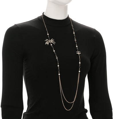 Chanel Glitter Enamel Crystal Bow CC Long Necklace Black Gold 2 of 6