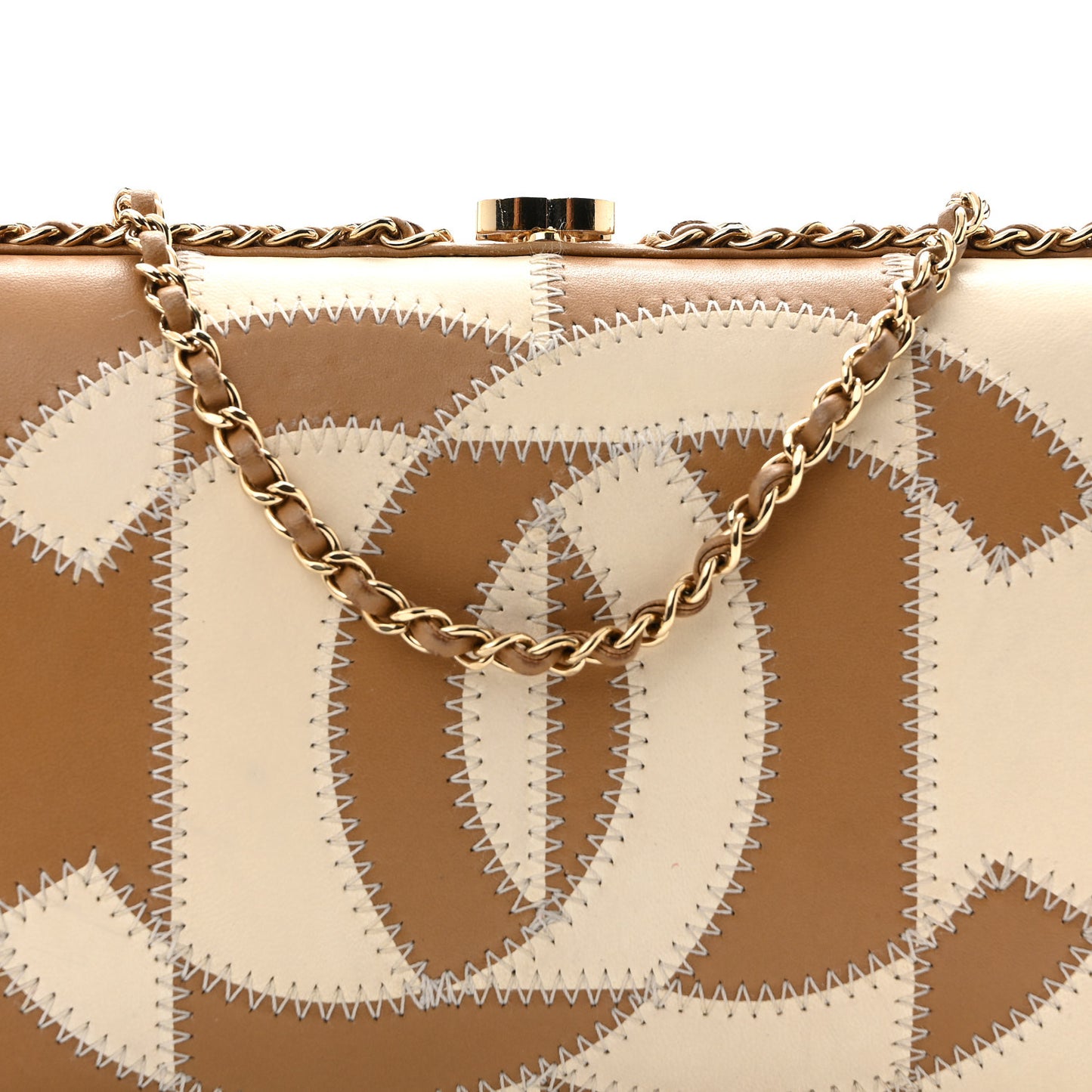 Lambskin CC Stitch Chain Around Clutch  Beige White