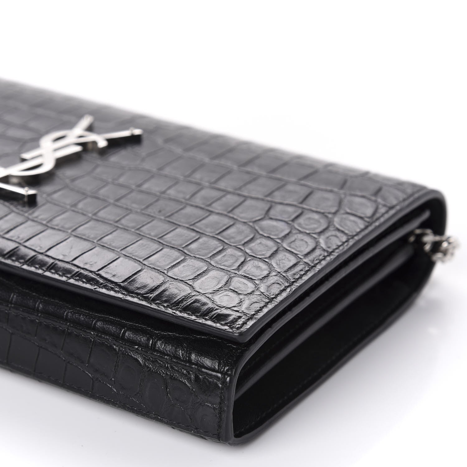 Saint Laurent Crocodile Embossed Calfskin Monogram Chain Wallet Black 7 of 10