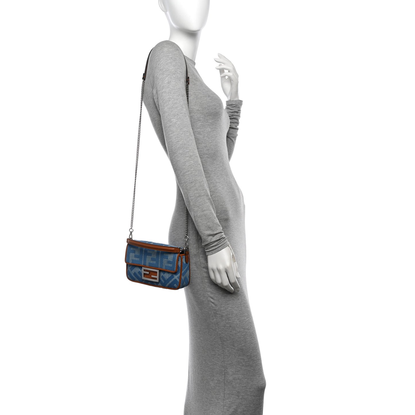 Denim Vitello King FF Embroidered Mini Baguette Denim Chiaro Brandy