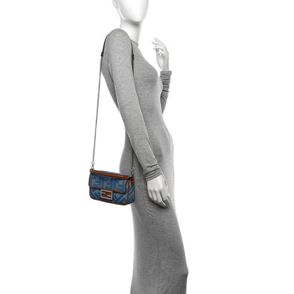 Fendi Denim Vitello King FF Embroidered Mini Baguette Denim Chiaro Brandy 2 of 11