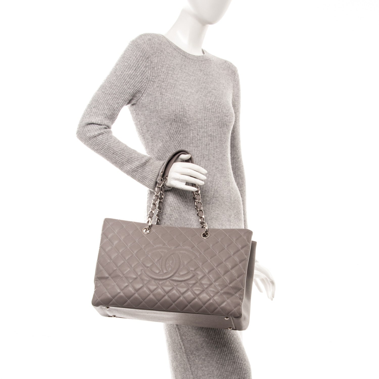 Chanel Caviar Quilted XL Grand Shopping Tote GST Light Grey 2 of 9