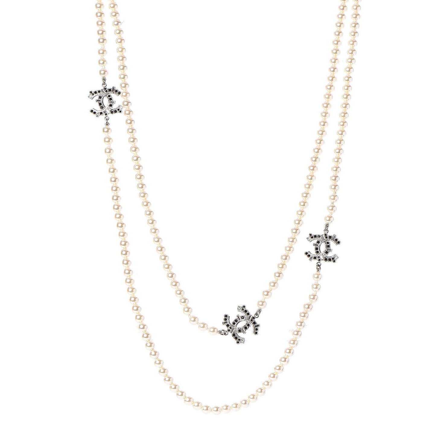 Pearl Baguette Crystal CC Long Necklace Silver Black