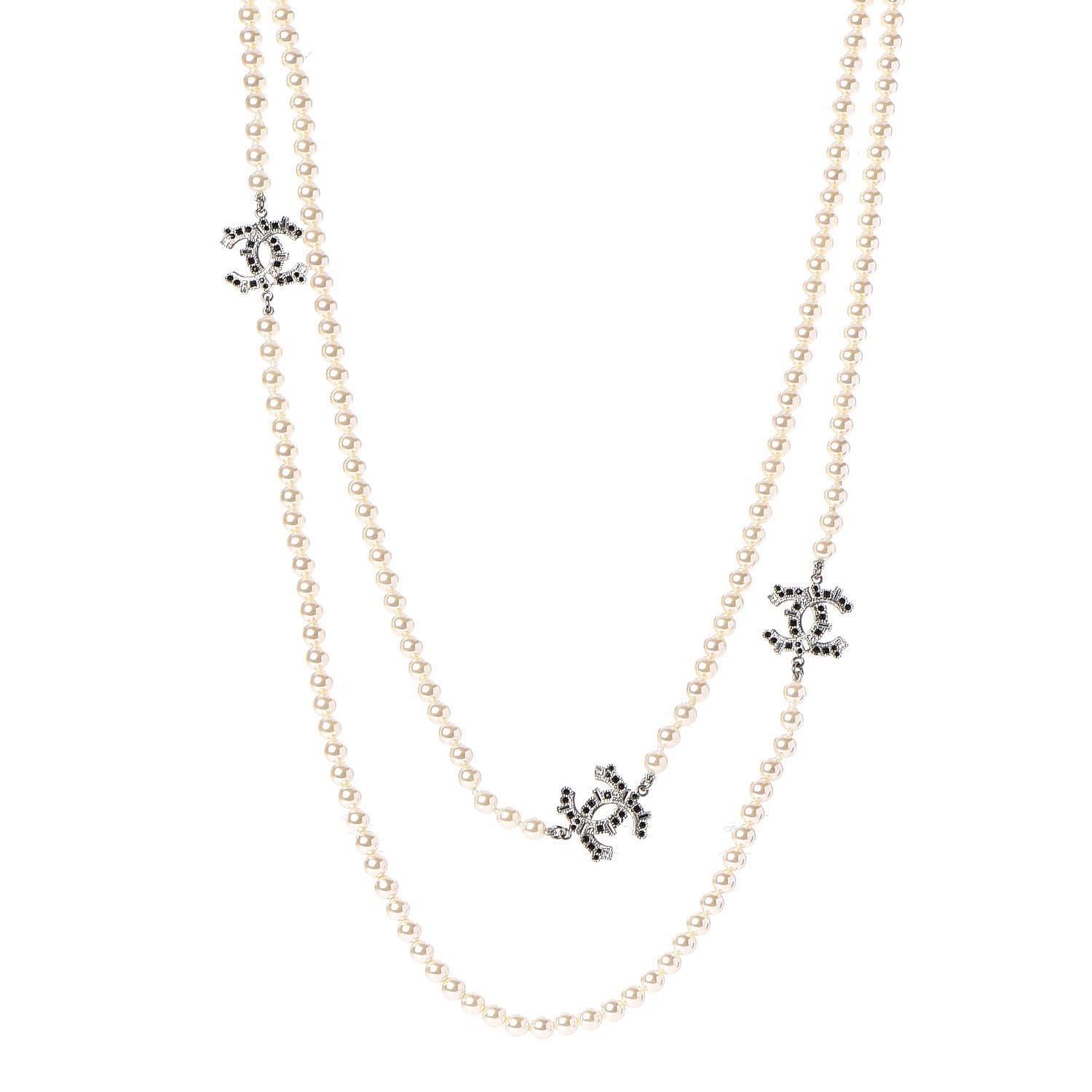 Chanel Pearl Baguette Crystal CC Long Necklace Silver Black 1 of 5