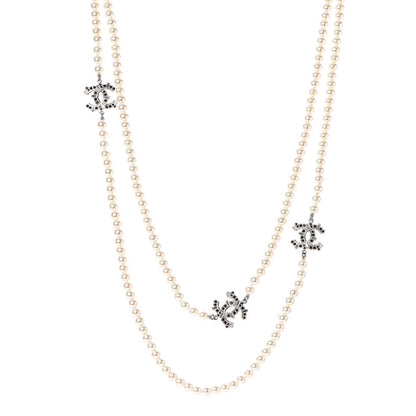 Chanel Pearl Baguette Crystal CC Long Necklace Silver Black 1 of 5