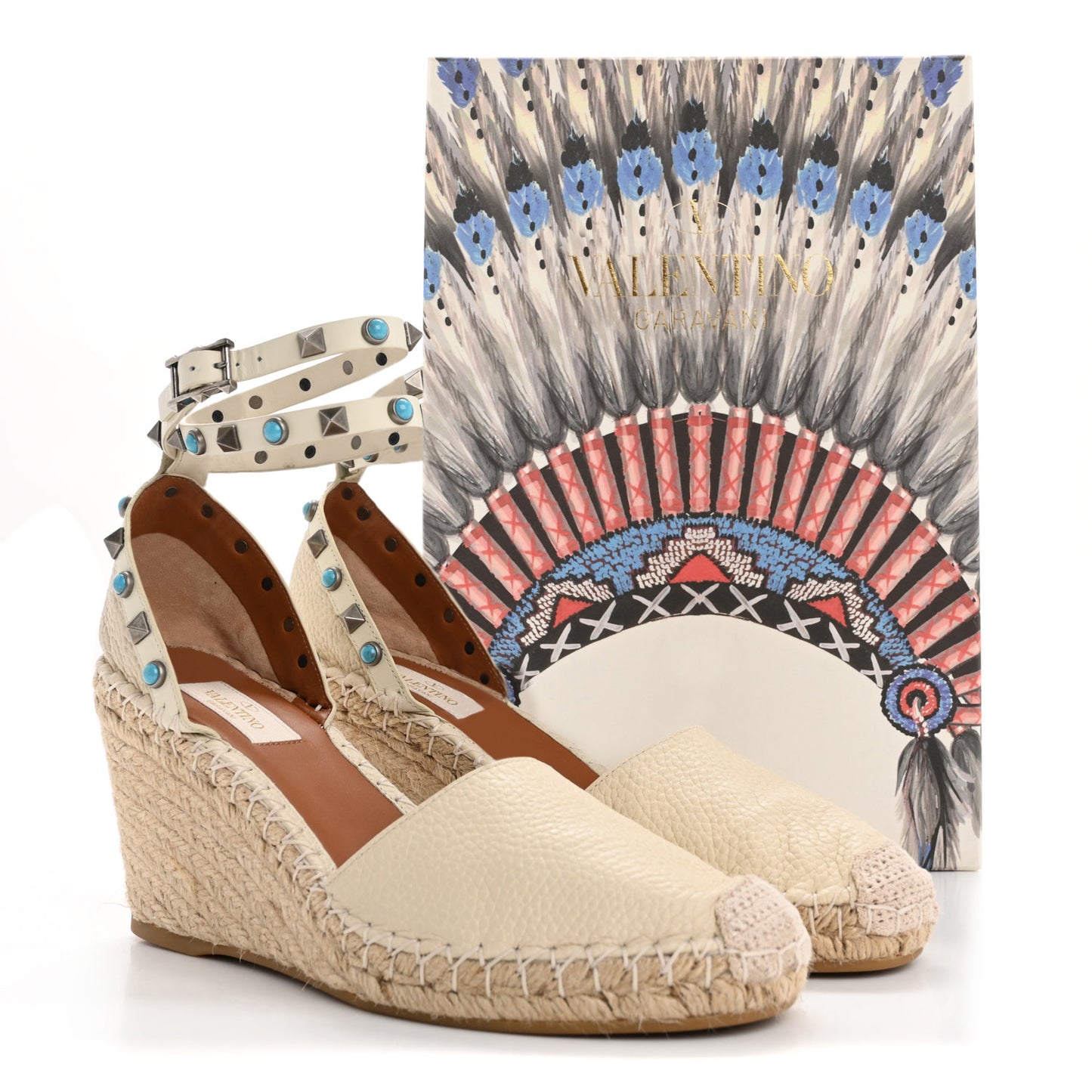 Grained Calfskin Turquoise Rockstud Rolling Ankle Wrap Espadrille 20mm Flats 40 Light Ivory Natural