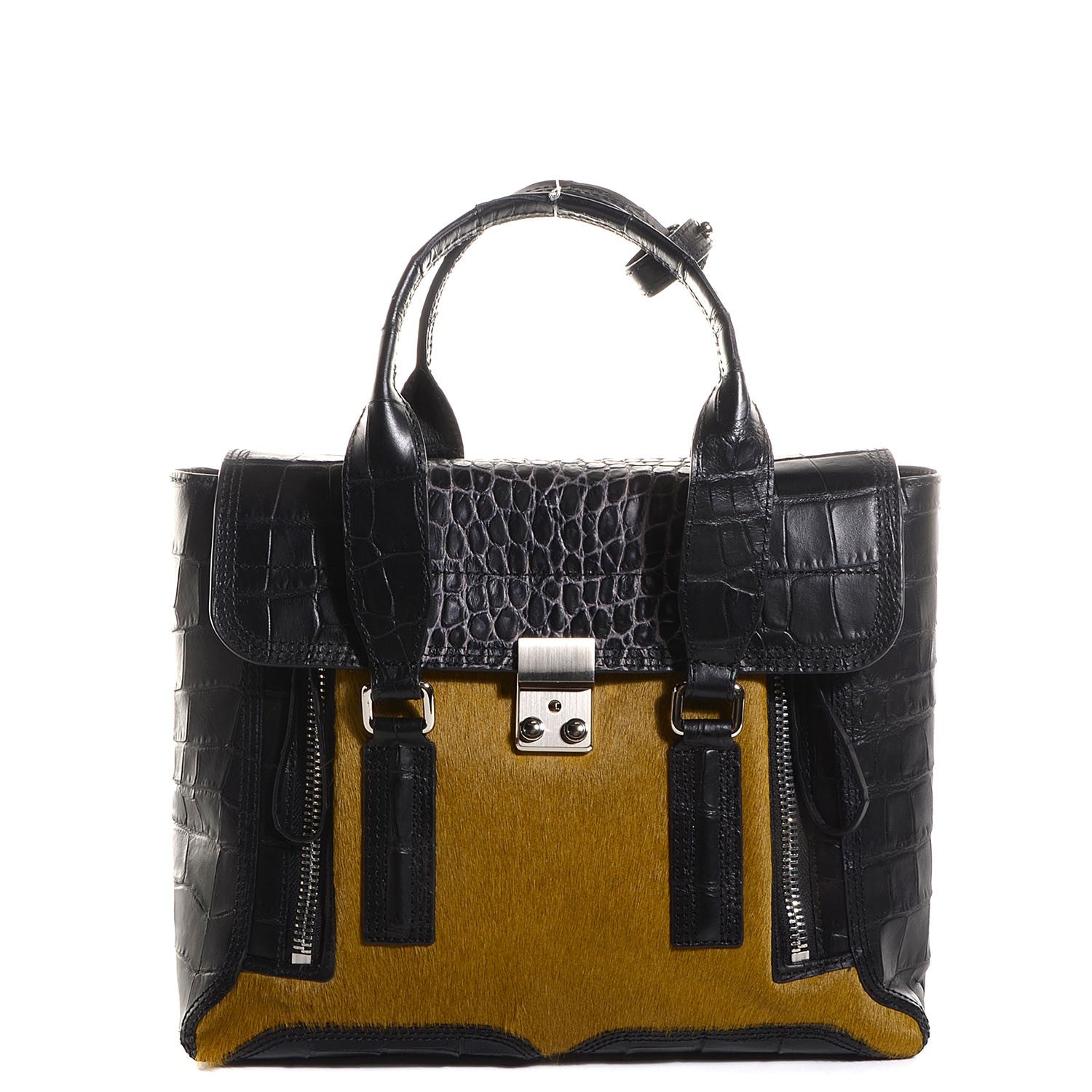 3.1 Phillip Lim 3.1 Calf Hair Crocodile Embossed Leather Medium Pashli Satchel Antique Grey Olive 1 of 10