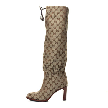 Gucci Monogram Lisa Mid Heel Boots 37.5 Beige Ebony 1 of 6