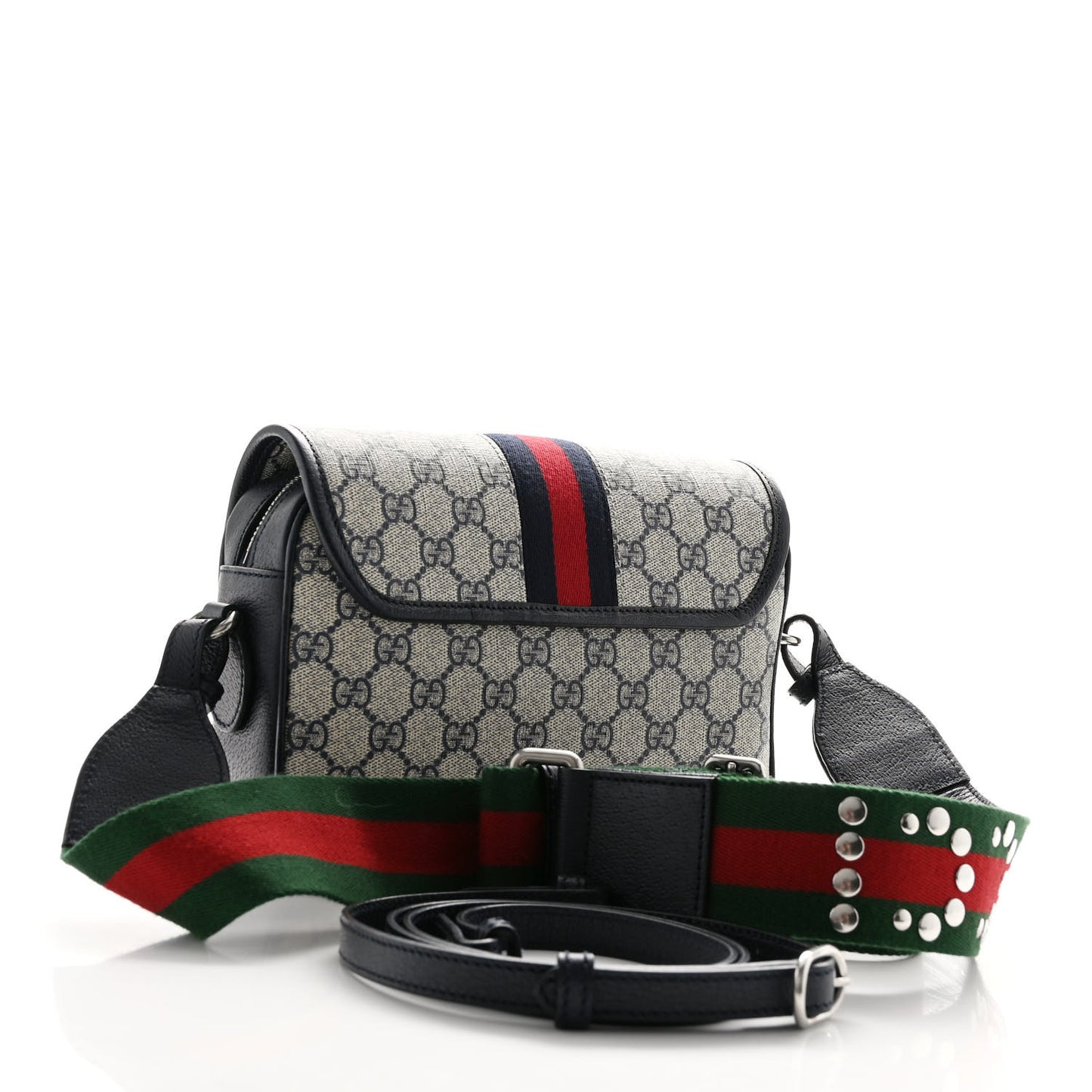 GG Supreme Monogram Textured Dollar Calfskin Web Studded Mini Ophidia Flap Shoulder Bag Beige Blue