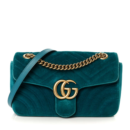 Gucci Velvet Matelasse Small GG Marmont Shoulder Bag Pavone Cyan 1 of 11