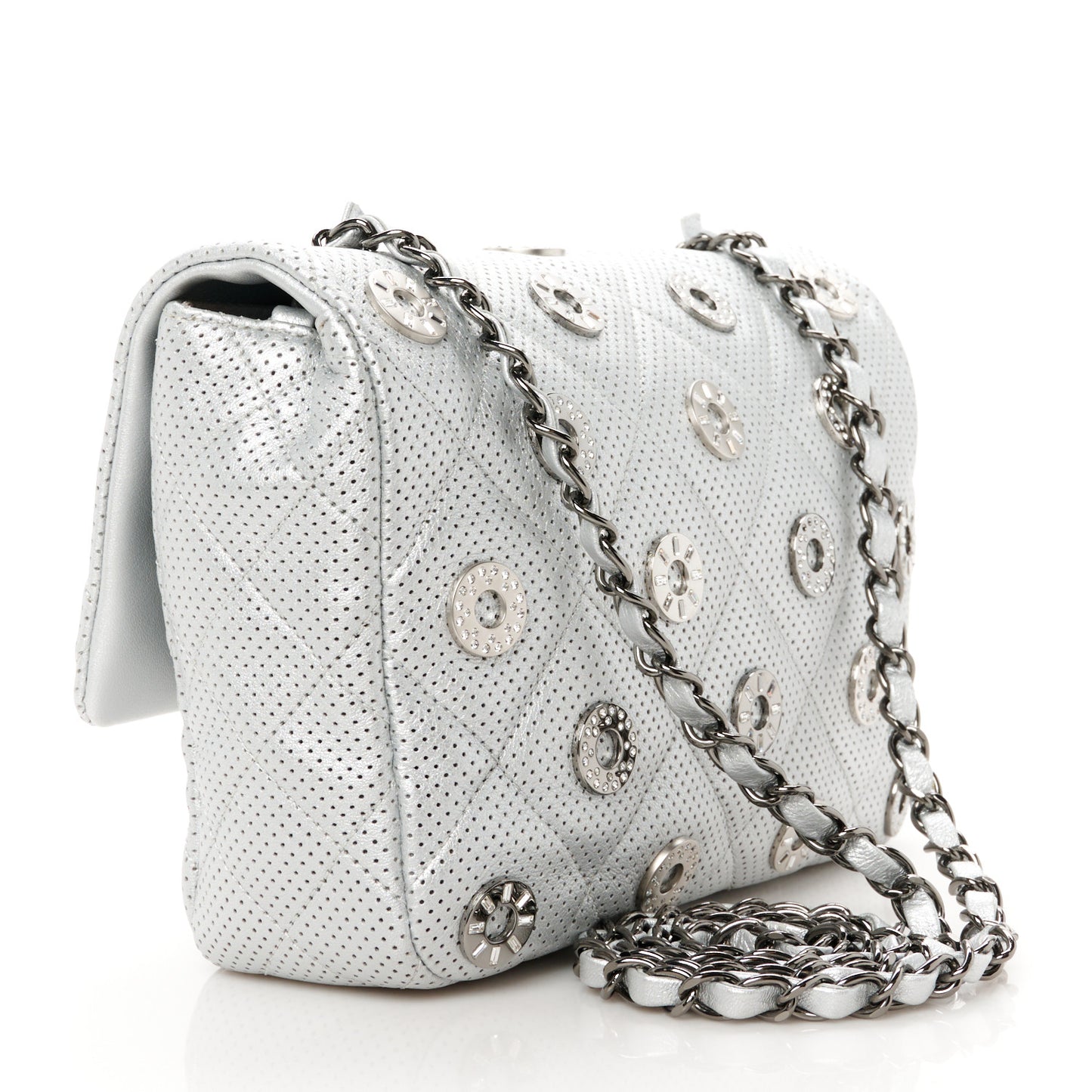 Perforated Metallic Lambskin Small CC Medals Flap Silver