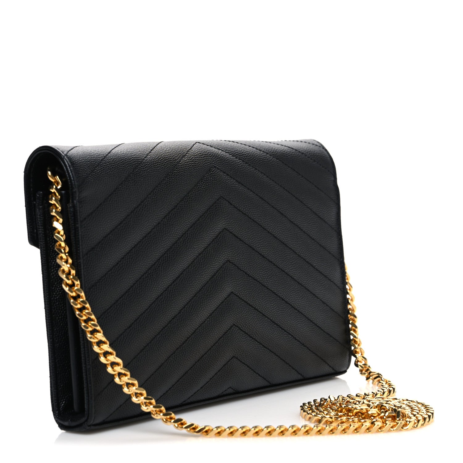 Saint Laurent Grain De Poudre Matelasse Chevron Monogram Chain Wallet Black 3 of 11