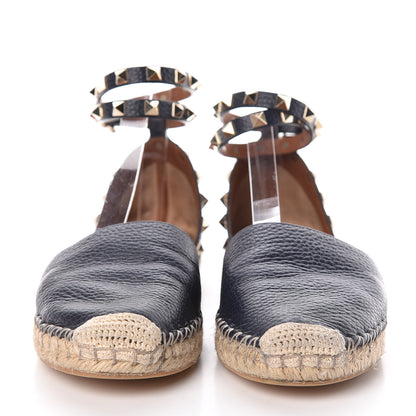 Valentino Garavani Grained Calfskin Rockstud Ankle Wrap Espadrille 20mm Flats 37 Black Light Cuir Natural 2 of 10