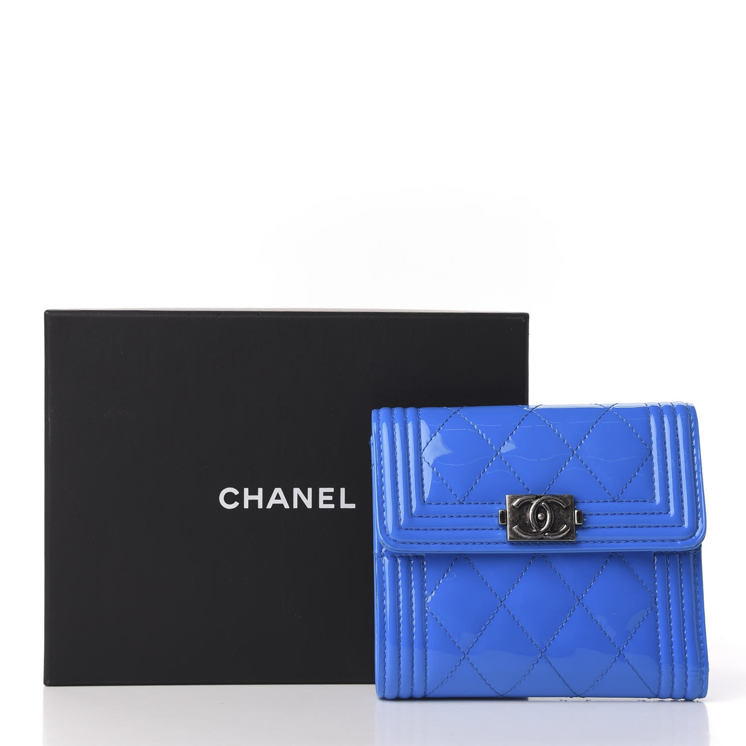 Chanel Patent Quilted Compact Boy Wallet Blue 10 of 10