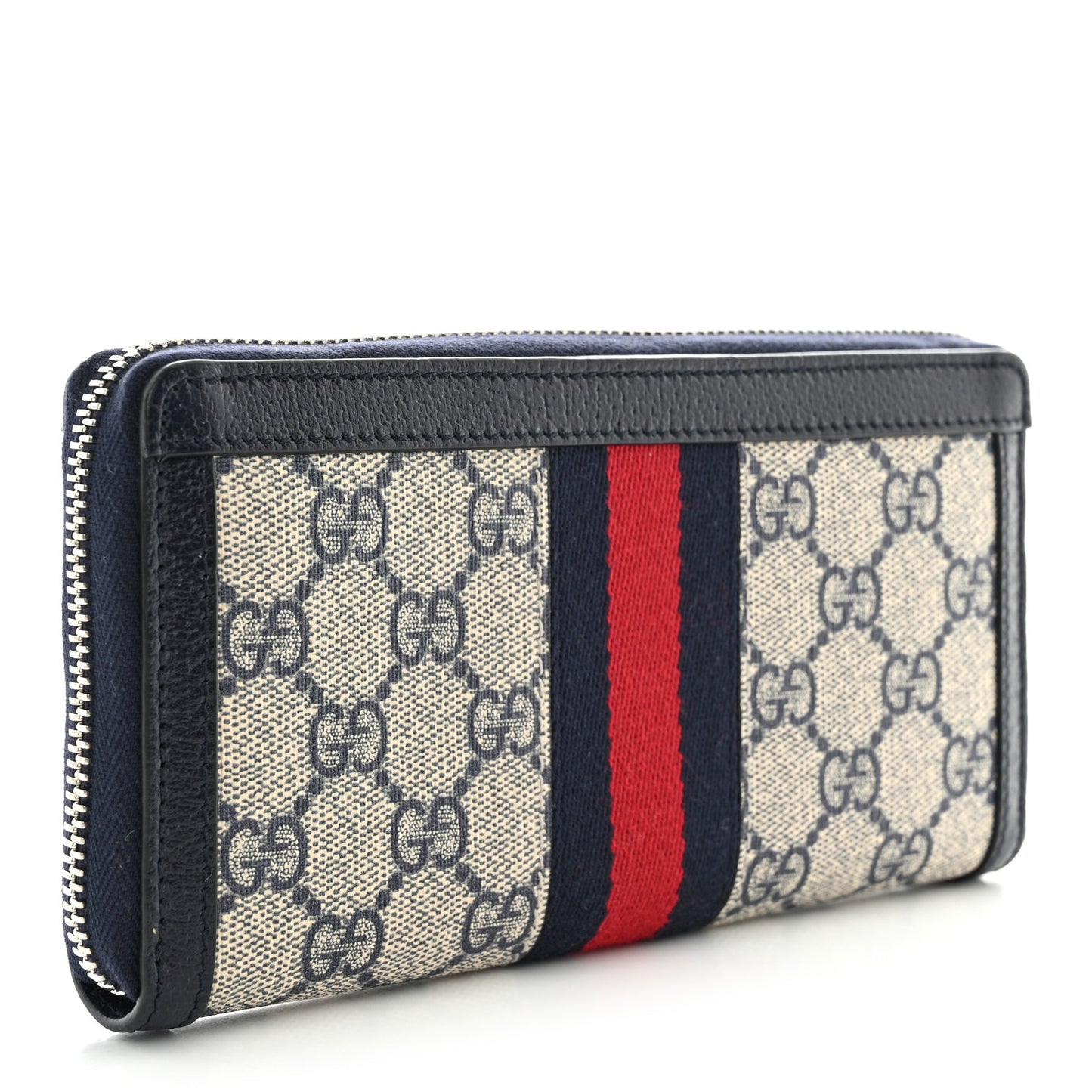 GG Supreme Monogram Textured Dollar Calfskin Web Ophidia Zip Around Wallet Beige Blue