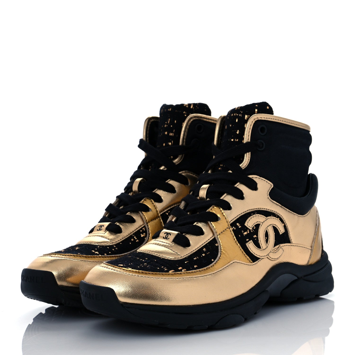Chanel Satin Lambskin Fabric Tweed CC High Top Sneakers 38.5 Black Gold 3 of 8