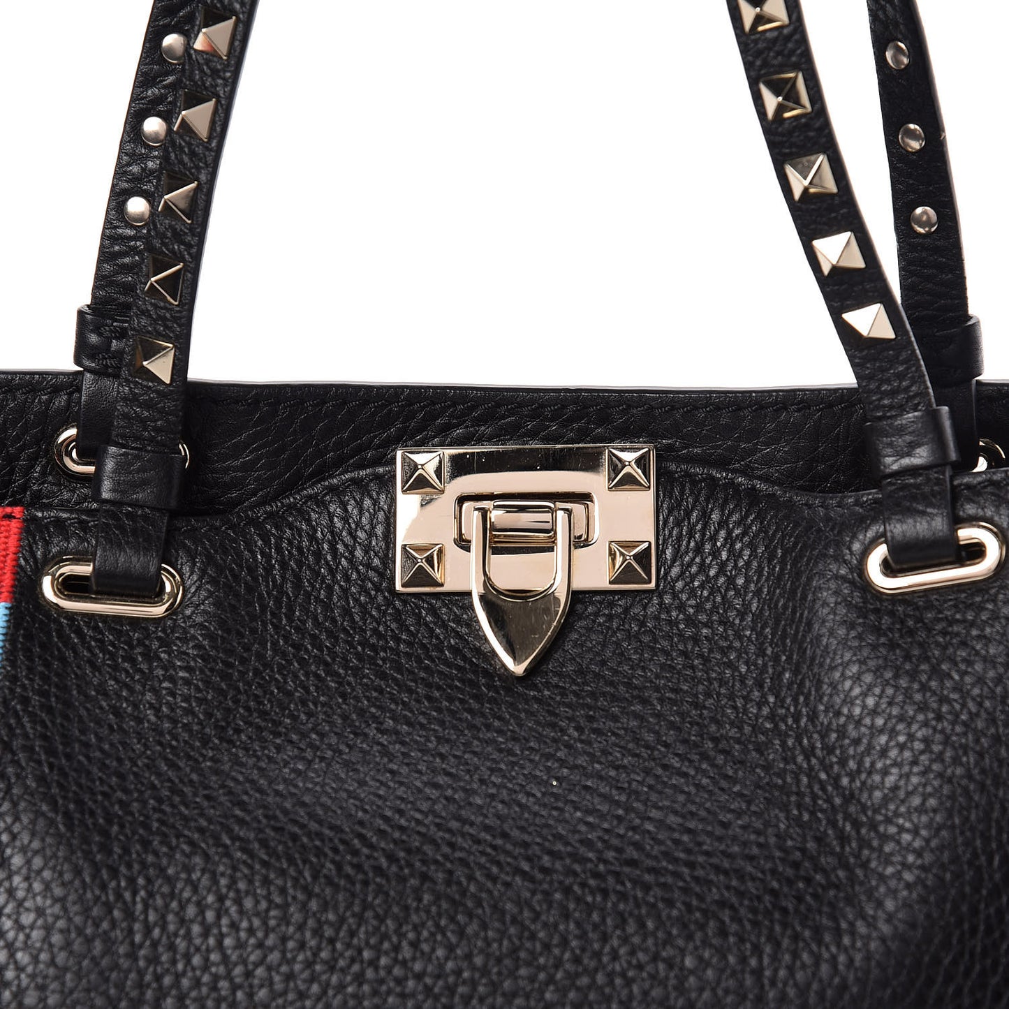 Grained Calfskin Embroidered Small Rockstud Rolling Tote Black