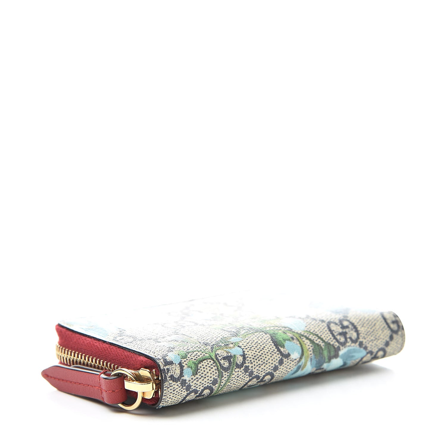 GG Supreme Monogram Blooms Zip Around Card Case Wallet Beige Blue Navy Hibiscus Red