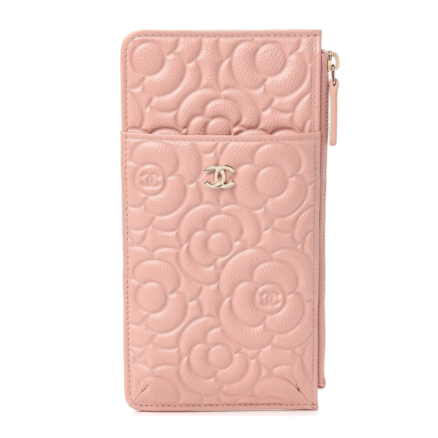 Caviar Camellia Embossed Classic Flat Wallet Pouch Pink