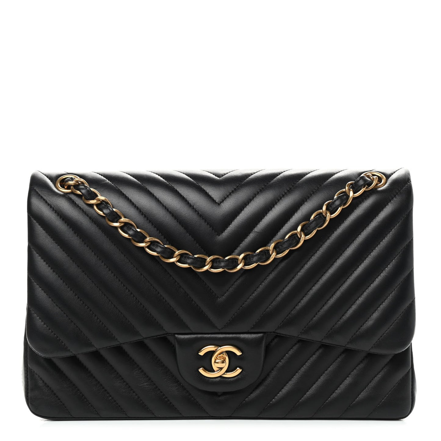 Lambskin Chevron Quilted Jumbo Double Flap Black