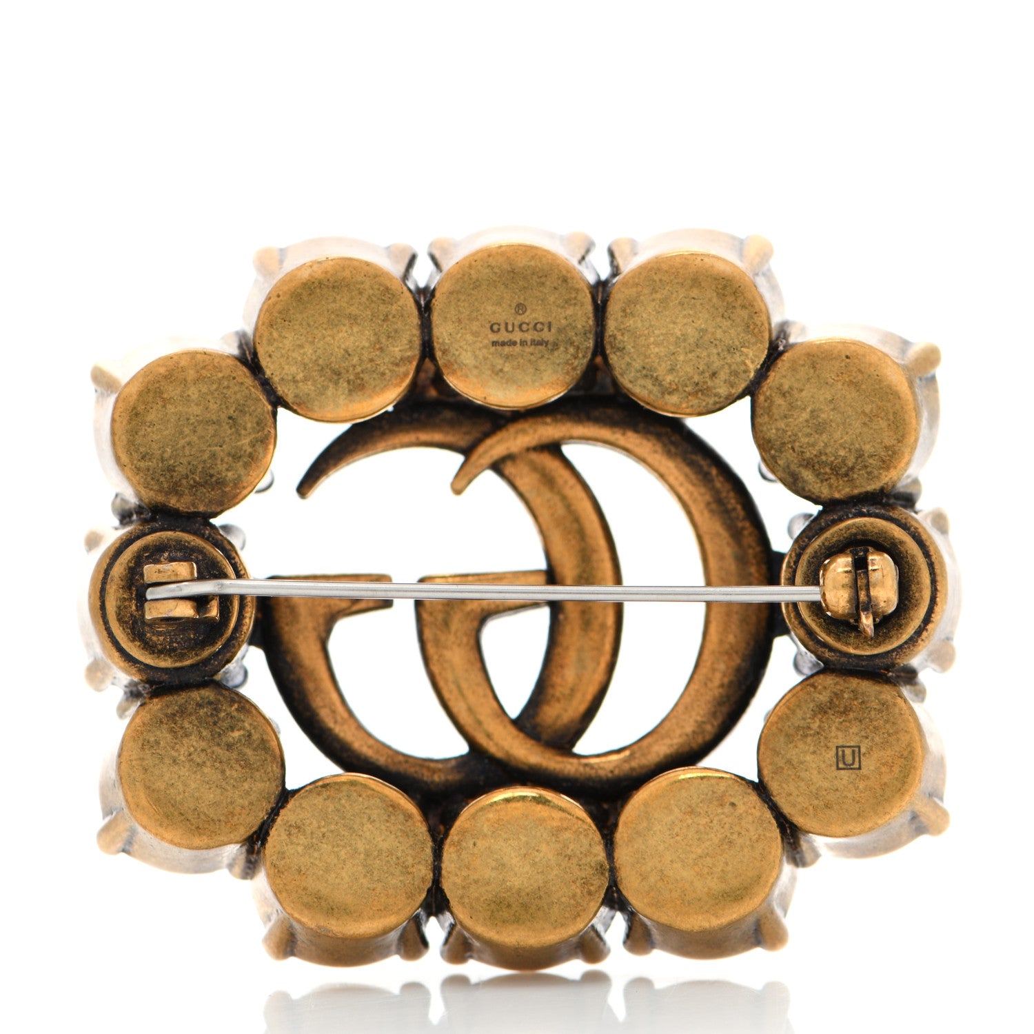 Gucci Metal Crystal Double G Brooch Aged Gold 3 of 4