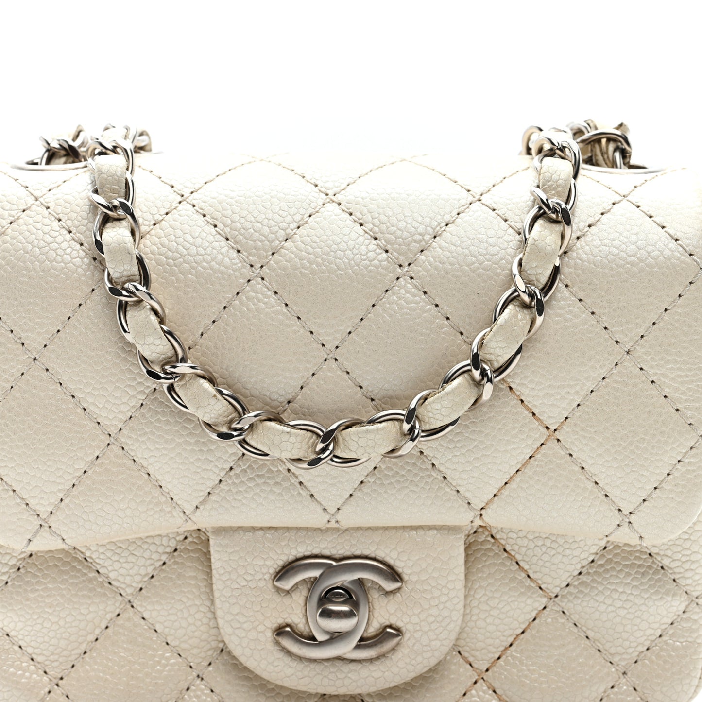 Iridescent Caviar Quilted Mini Square Flap White