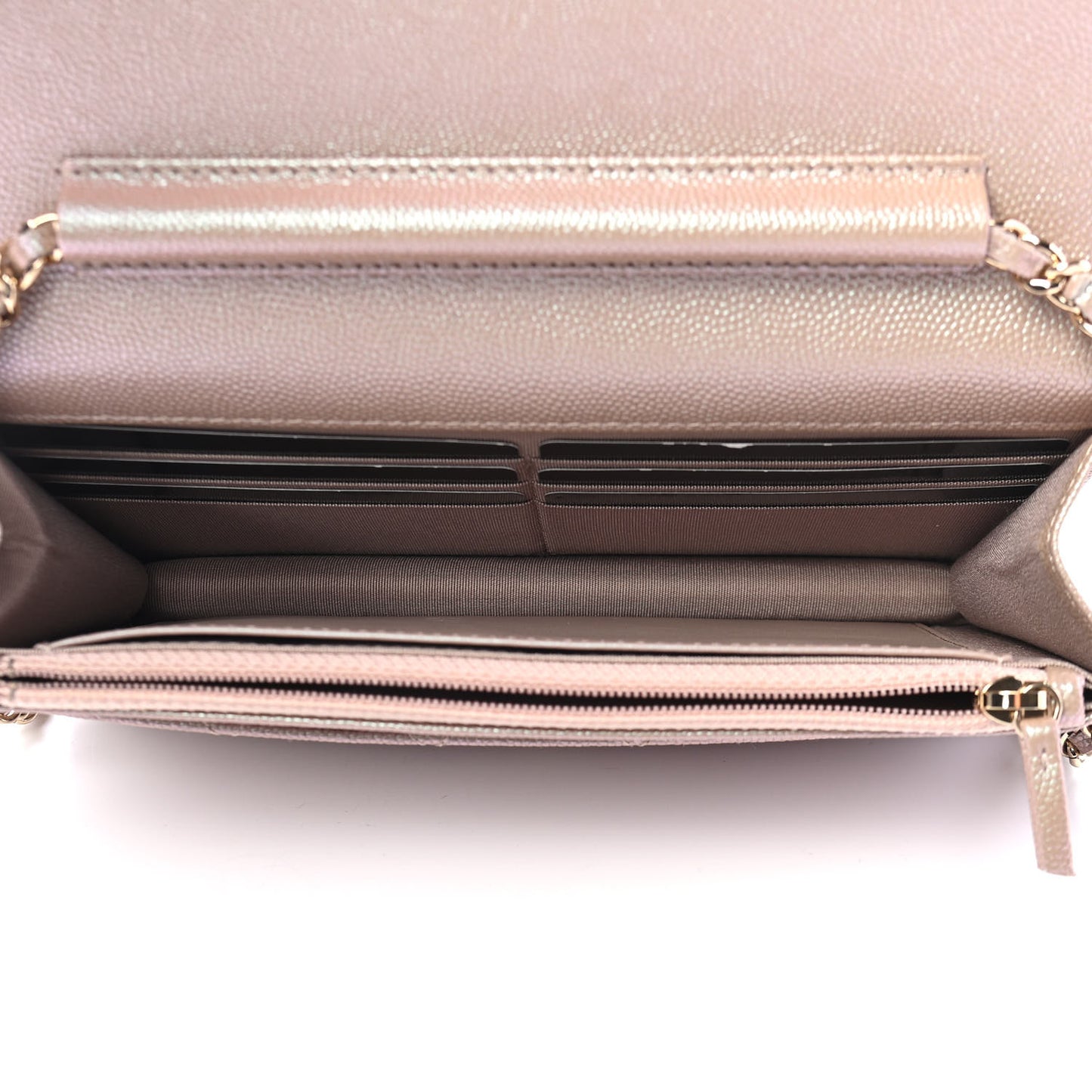 Iridescent Caviar Quilted Wallet On Chain WOC Beige