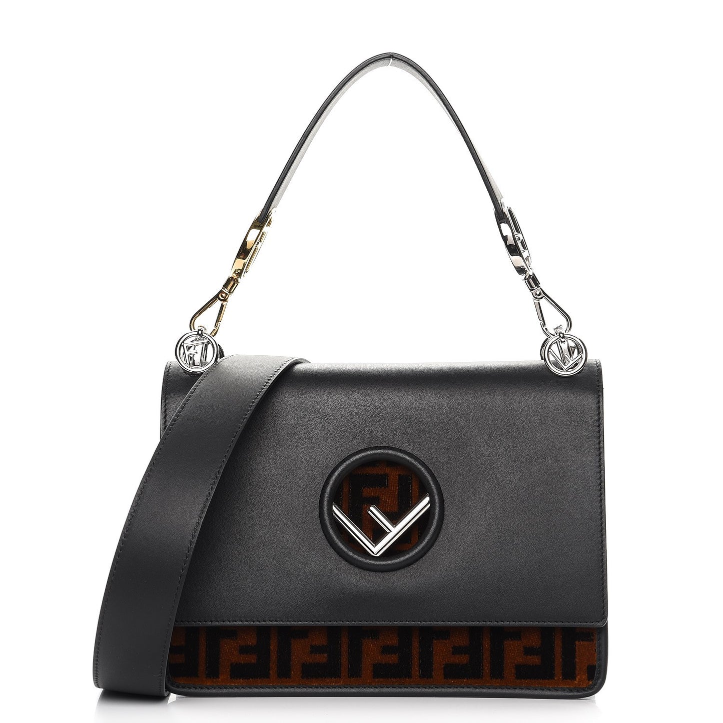 Vitello Century Velvet F is Fendi FF Kan I Shoulder Bag Black Tobacco
