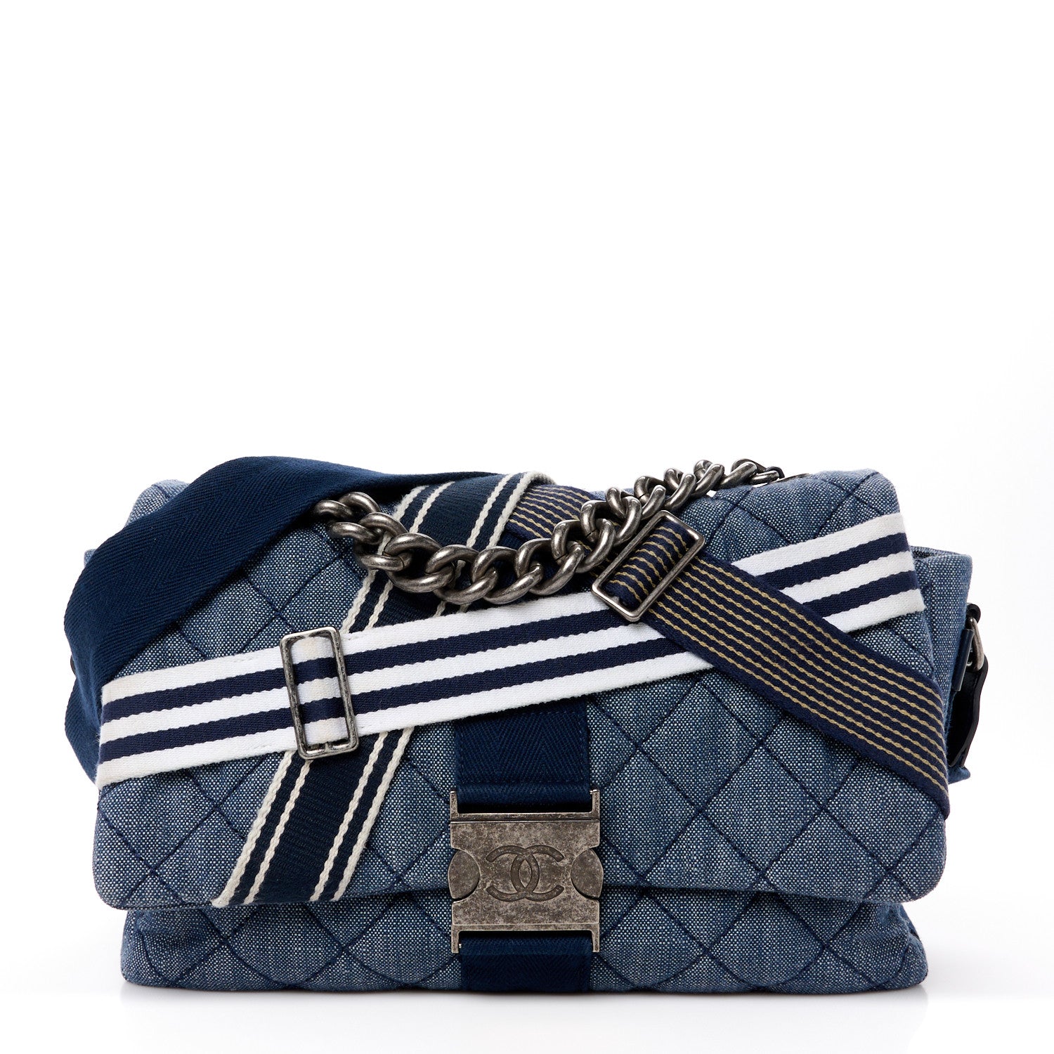 Chanel Denim Quilted Airlines Buckle Messenger Bag Blue 1 of 11