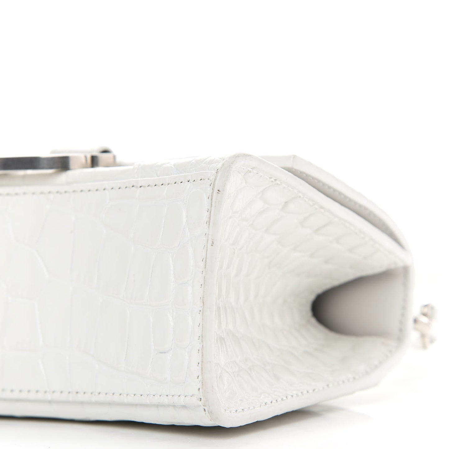 Shiny Calfskin Crocodile Embossed Hourglass Top Handle Bag XS White