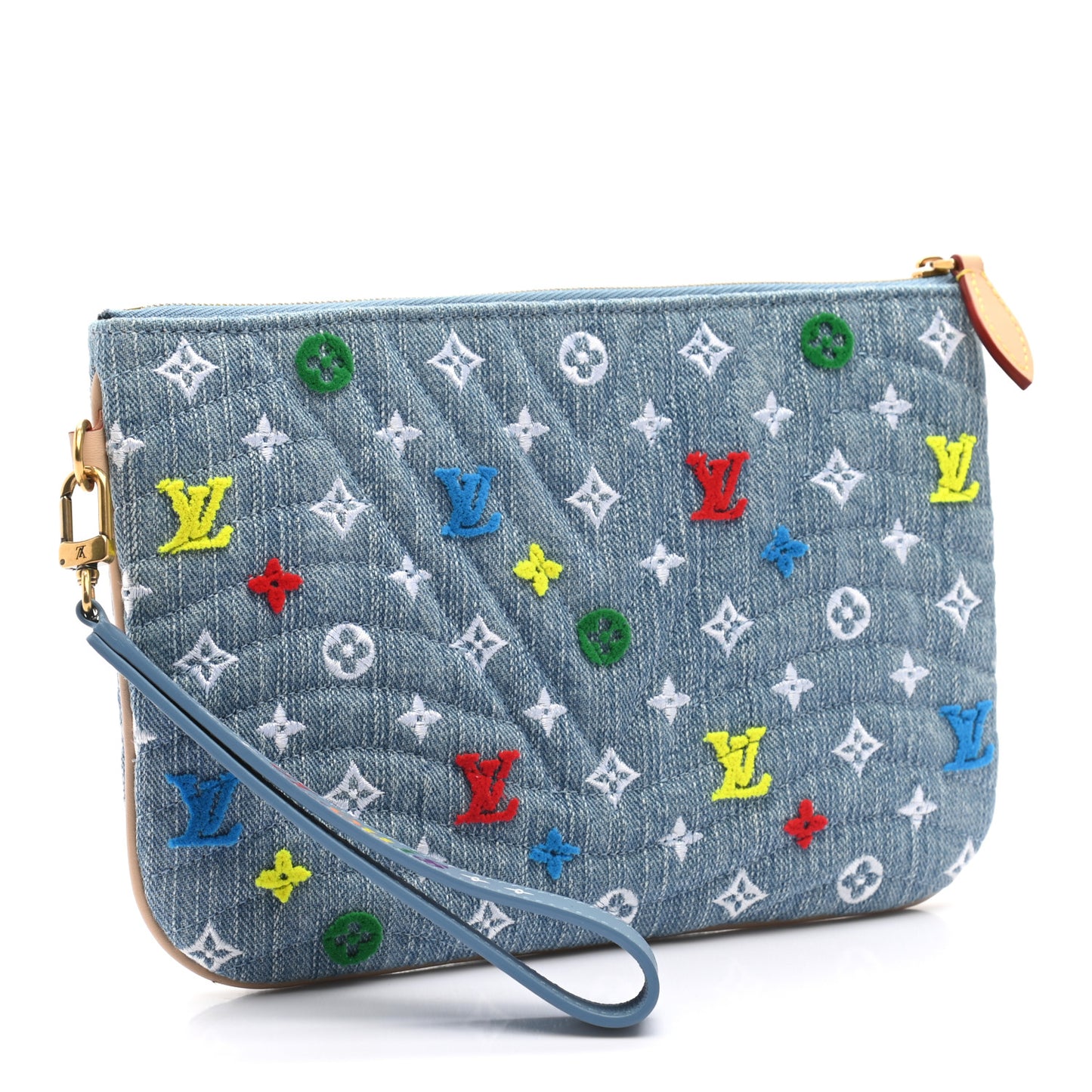 Embroidered Monogram Denim New Wave Zipped Pochette Blue