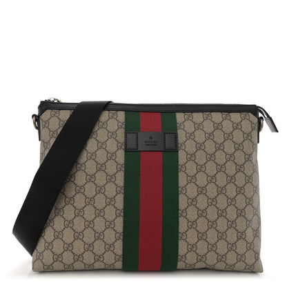 Gucci GG Supreme Monogram Calfskin Web Medium Flat Messenger Bag Beige Ebony Black 1 of 10