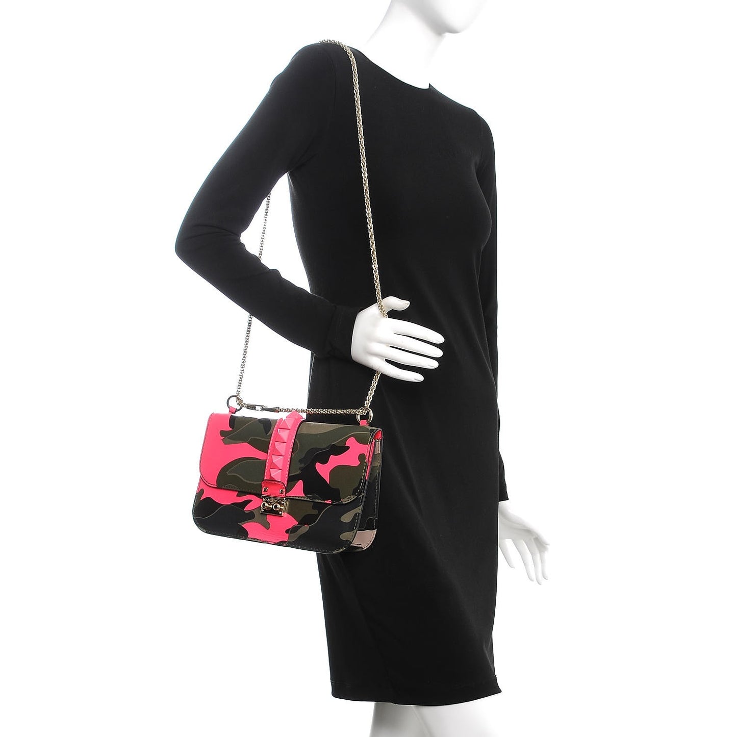 Nappa Canvas Camouflage Medium Glam Lock Rockstud Flap Fuxia Fluo