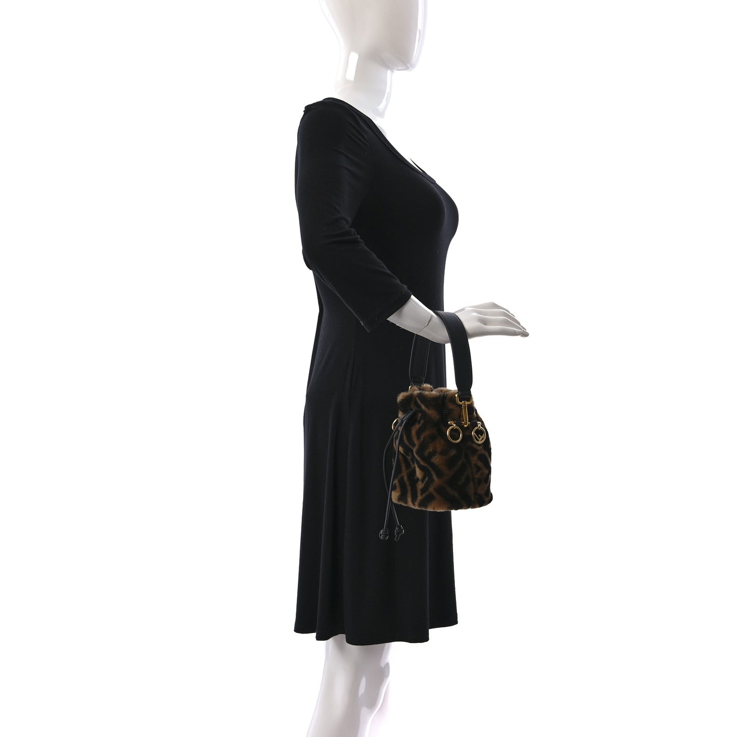Shearling Vitello Dolce F is Fendi Macro FF 1974 Mini Mon Tresor Bucket Bag Tobacco Black