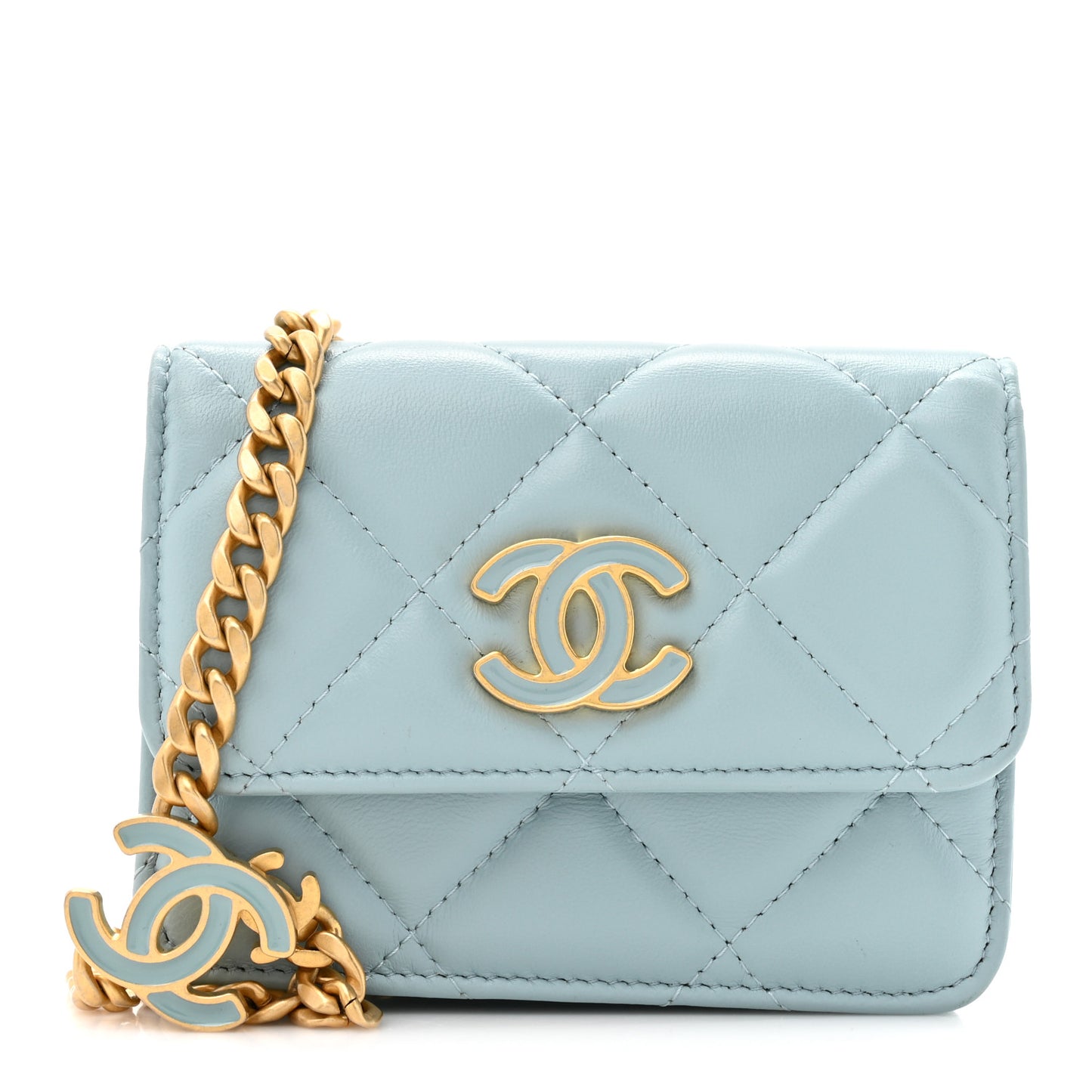 Lambskin Enamel Quilted Pending CC Flap Belt Bag Light Blue