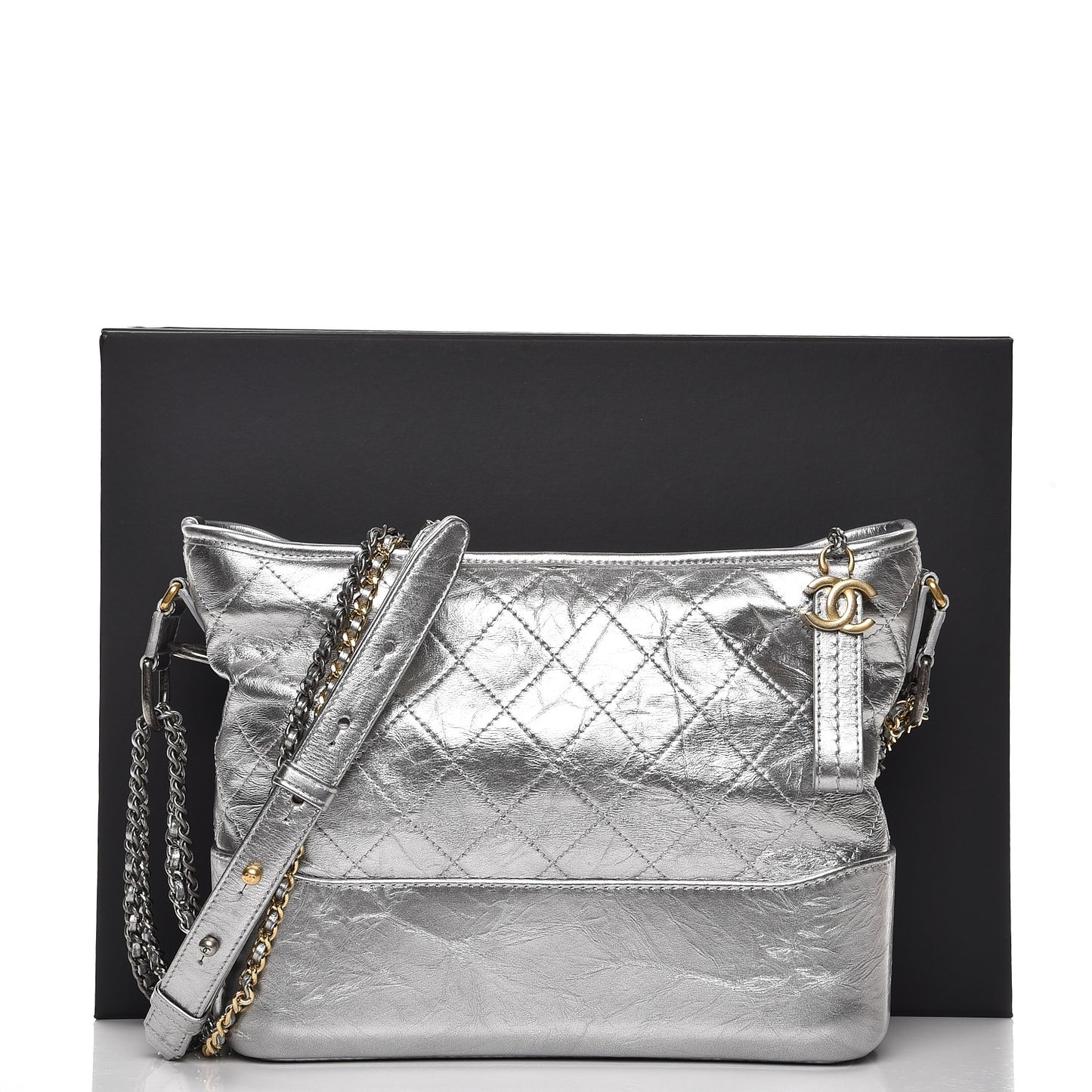 Metallic Aged Calfskin Quilted Medium Gabrielle Silver