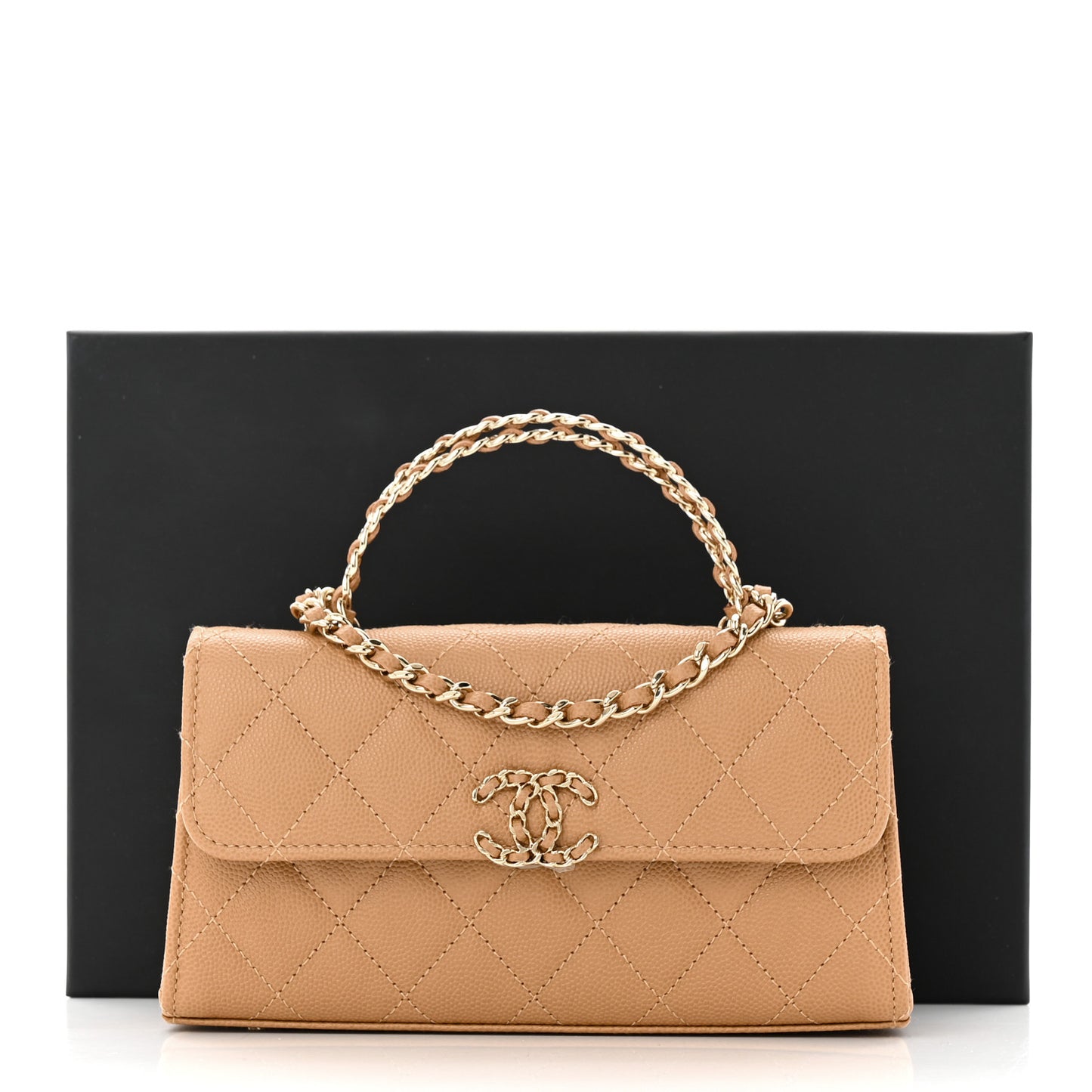 Caviar Quilted Chain Match Top Handle Phone Holder With Chain Beige