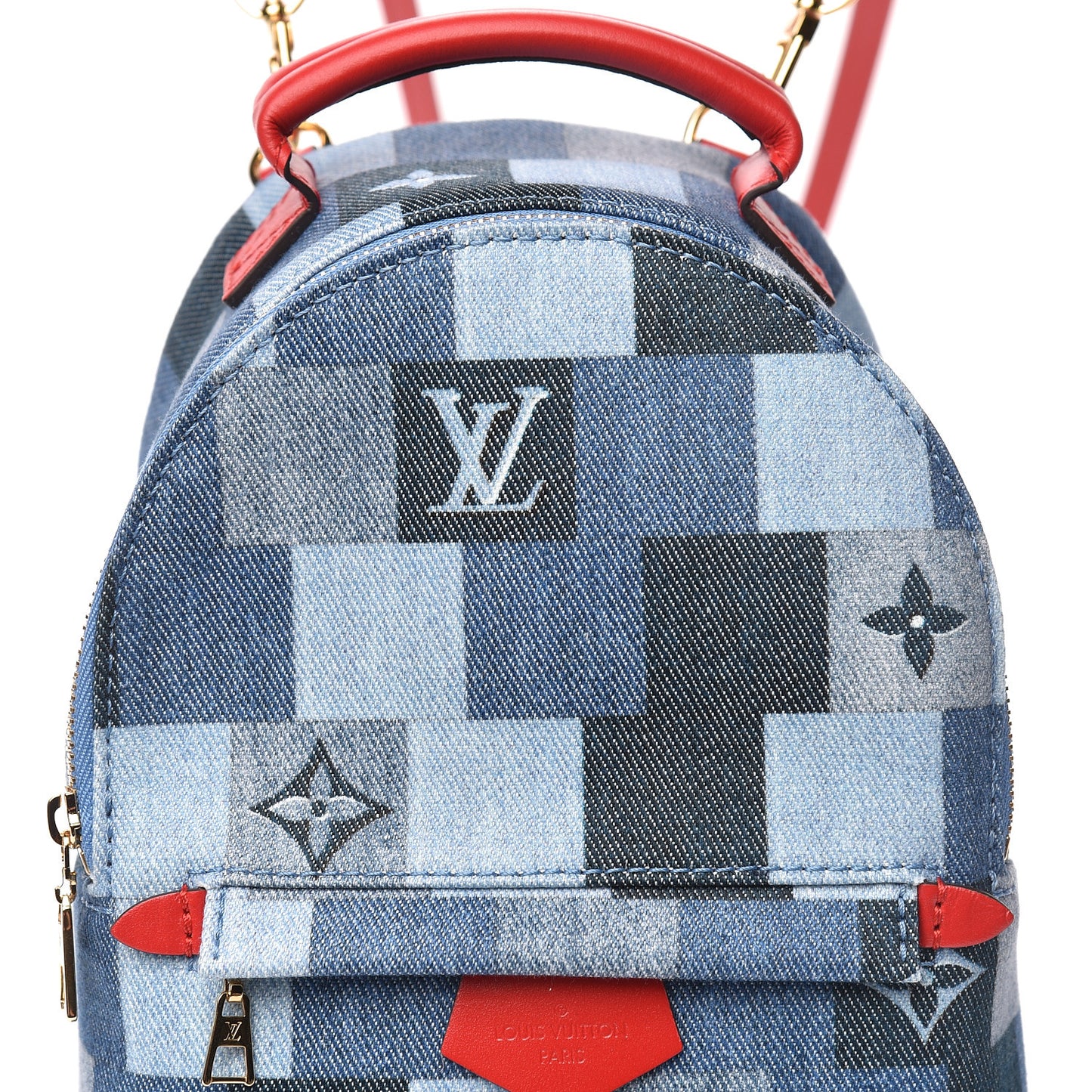 Denim Damier Monogram Patchwork Palm Springs Backpack Mini Blue Rouge