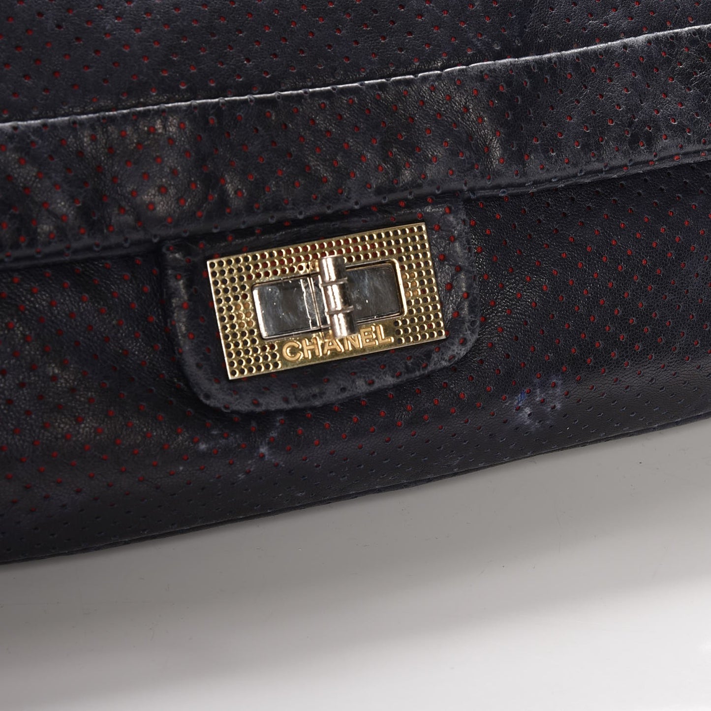Calfskin Perforated Large Drill Flap Navy Blue