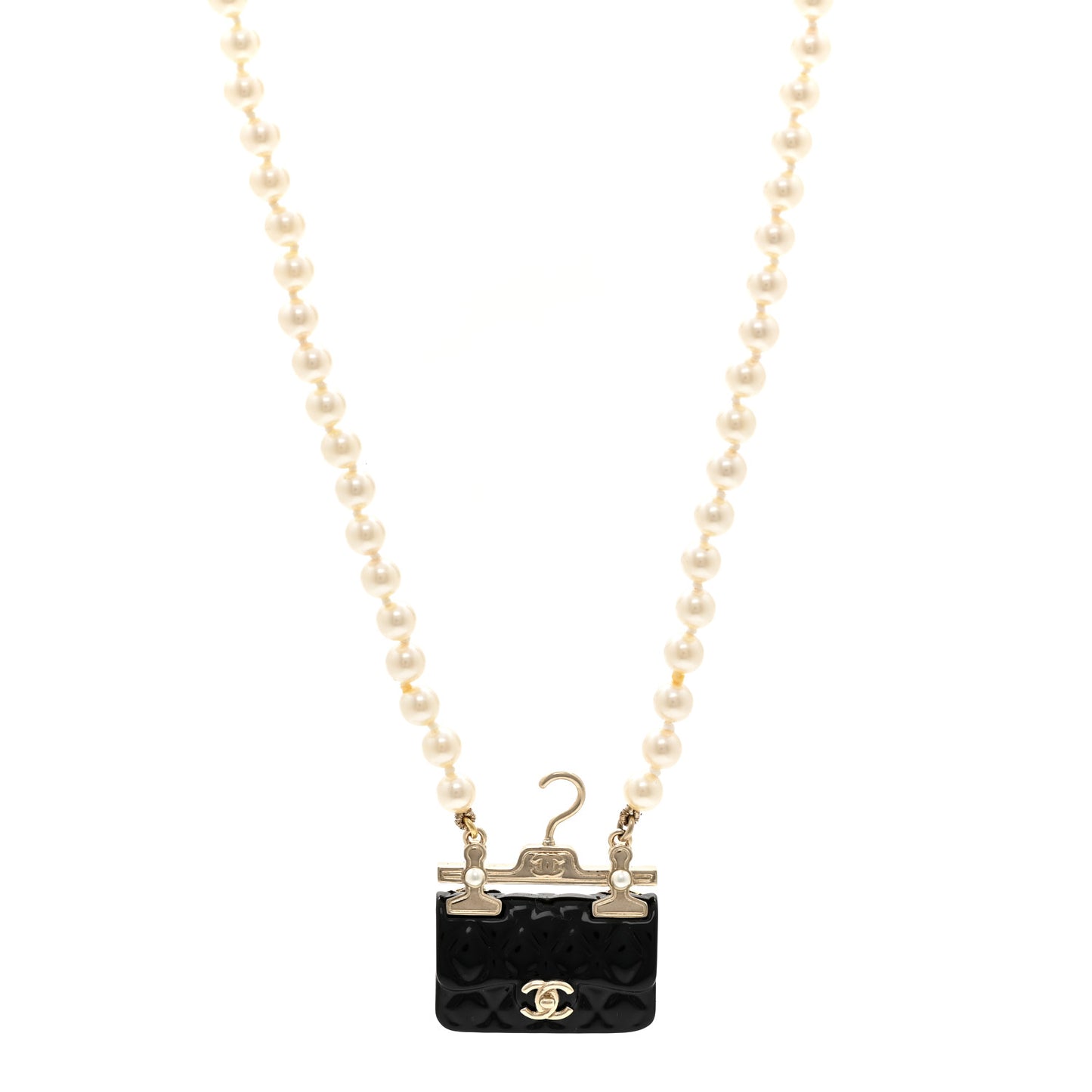 Pearl Metal Resin Quilted Flap Bag Necklace Gold Black Pearly White