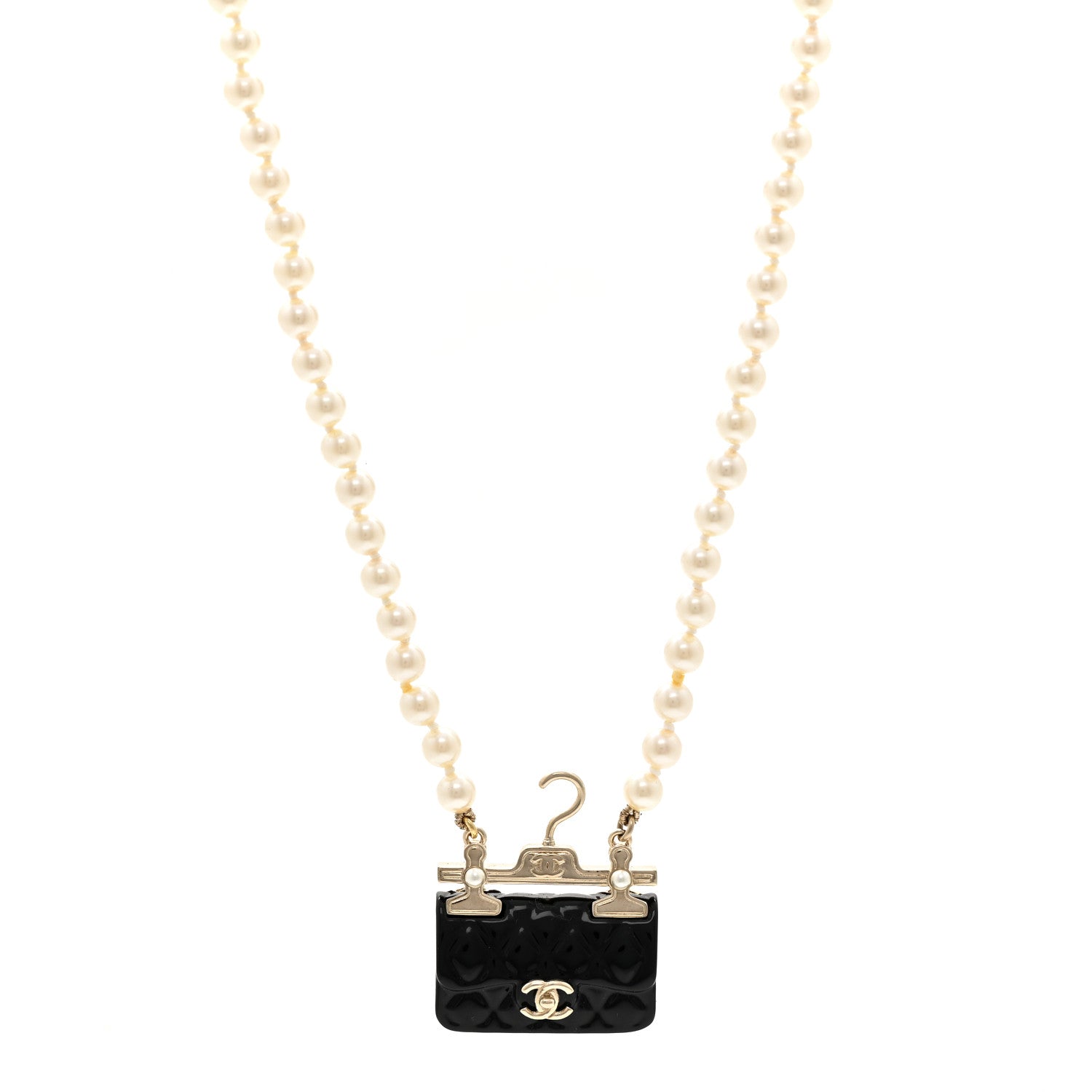 Chanel Pearl Metal Resin Quilted Flap Bag Necklace Gold Black Pearly White 1 of 4