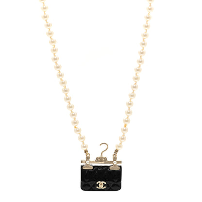 Chanel Pearl Metal Resin Quilted Flap Bag Necklace Gold Black Pearly White 1 of 4